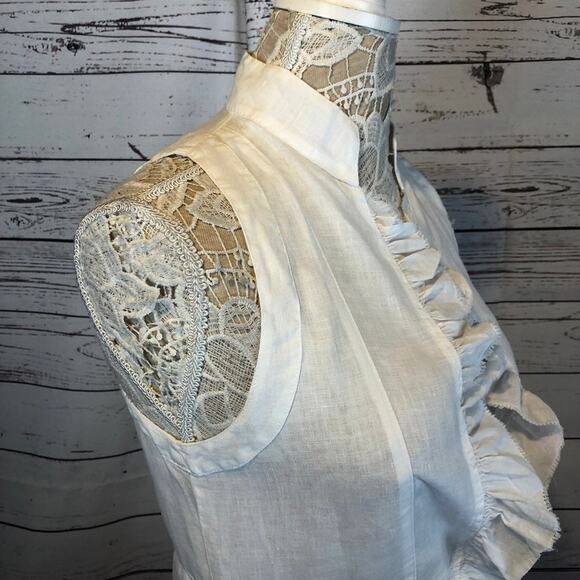 Subtle Luxury Linen White sleevless top with ruffels and high neck size small - Picture 7 of 12